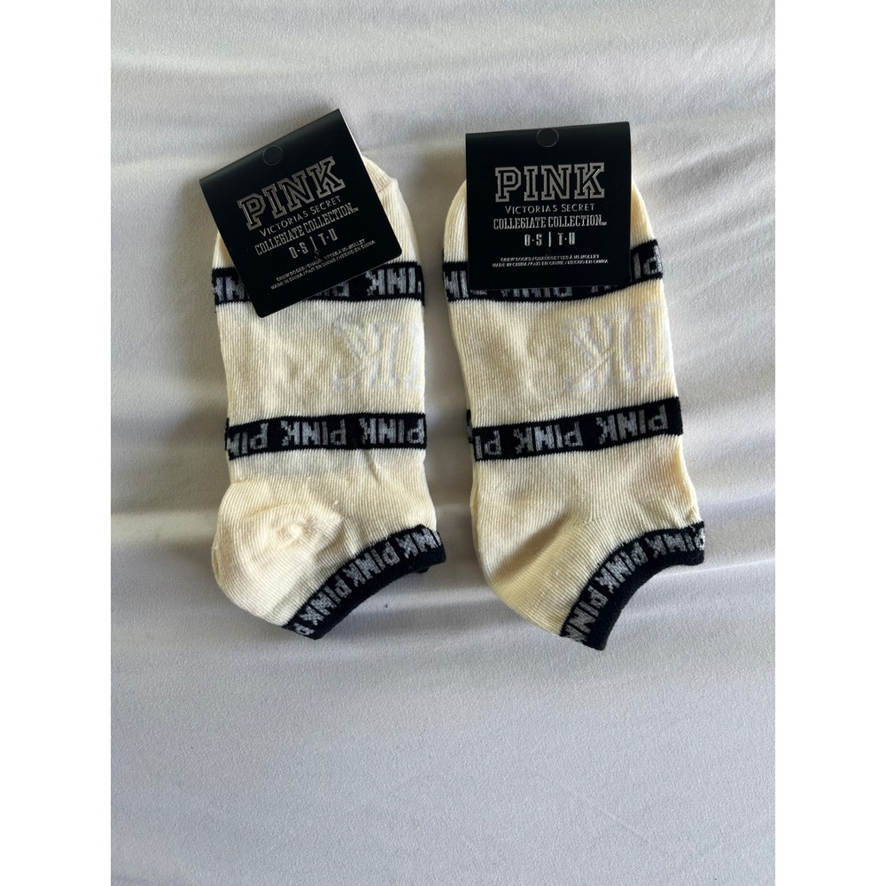 PINK Victorias Secret Collegiate Collection Ankle Socks Cream Black 2 Pairs OS